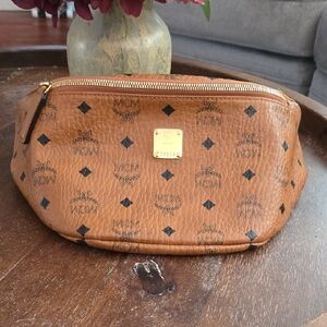 MCM Cognac Visetos Monogram Belt Bag with Gold Plate